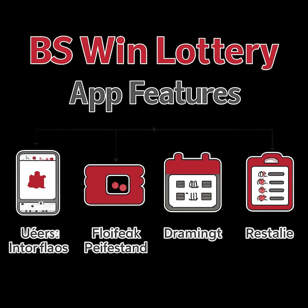 An educational diagram detailing BS Win Lottery app functionalities.