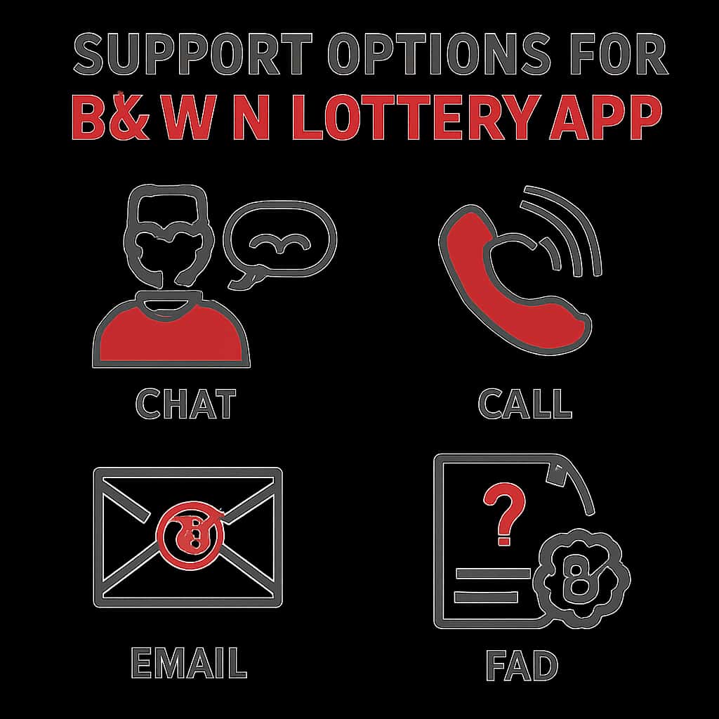 An educational diagram detailing support options for the BS Win Lottery app.