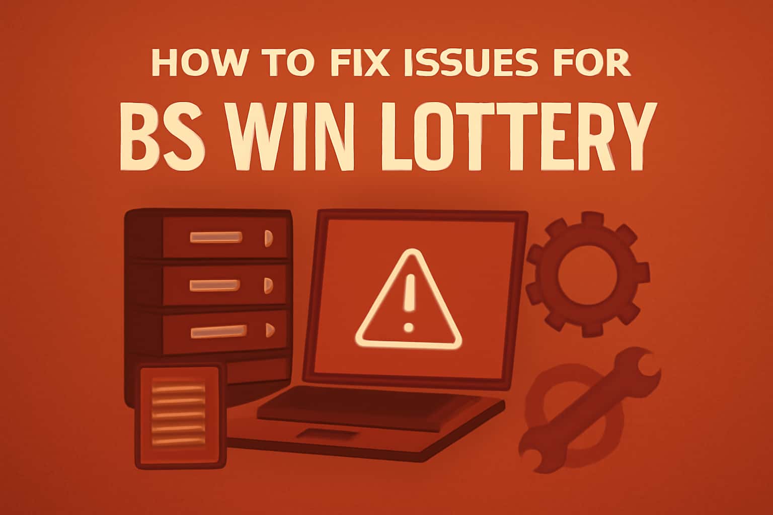 Informational scene illustrating troubleshooting steps for the BS Win Lottery app.